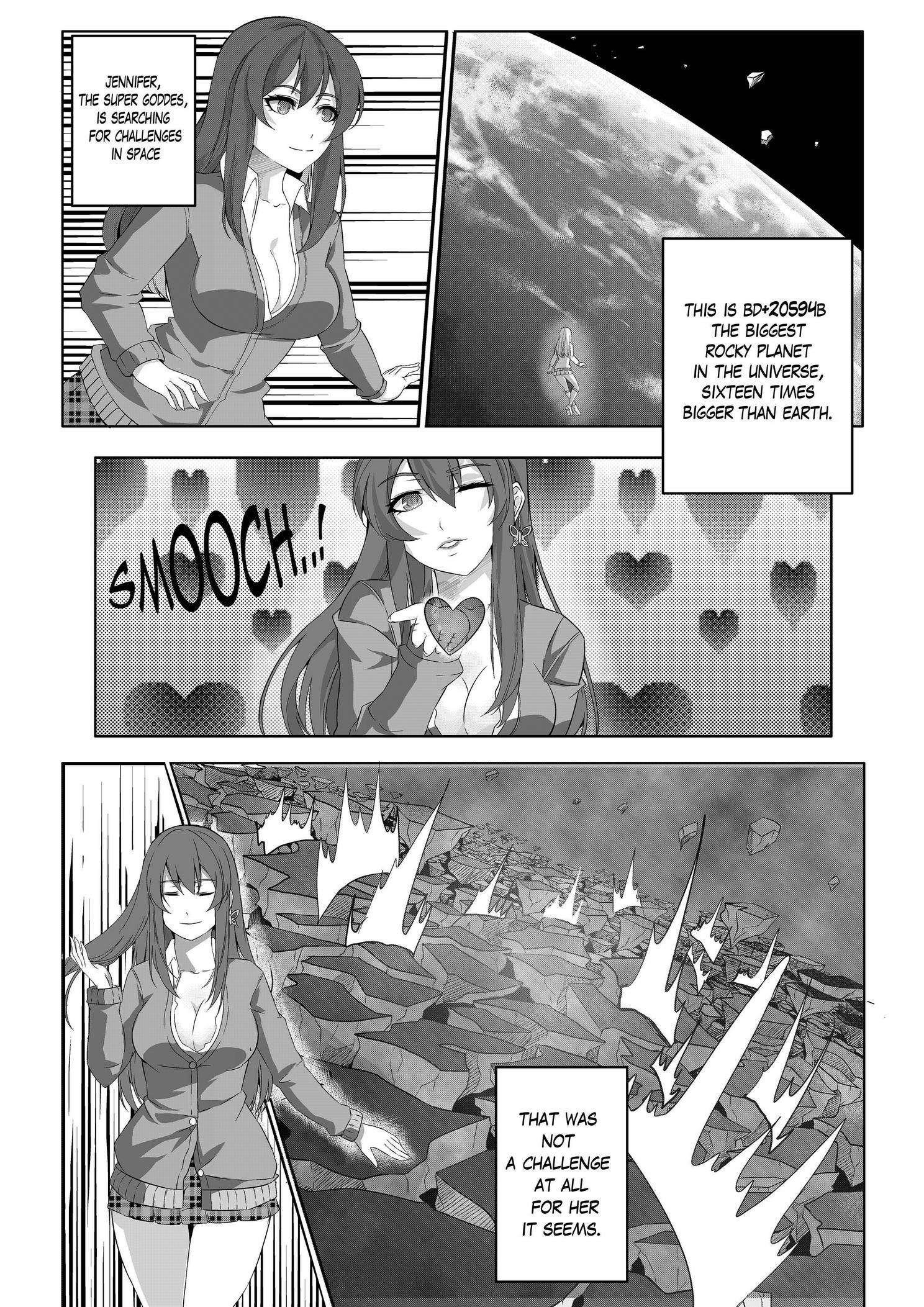 The same comic as above, with the main differences being a lack of color and a different design for Jennifer.  Here, she bears a conspicuous resemblance to Shizuku Nishizawa from the visual novel JK Bitch Sannin Musume, wearing an unbuttoned shirt over a cardigan and short plaid skirt, with a choker and one butterfly-shaped earring.